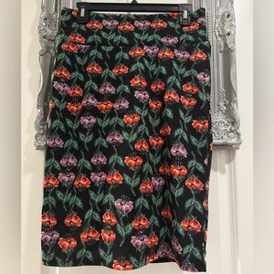 LuLaRoe Medium Cassie Black Pencil Skirt w/ Red, Purple & Green Floral Design